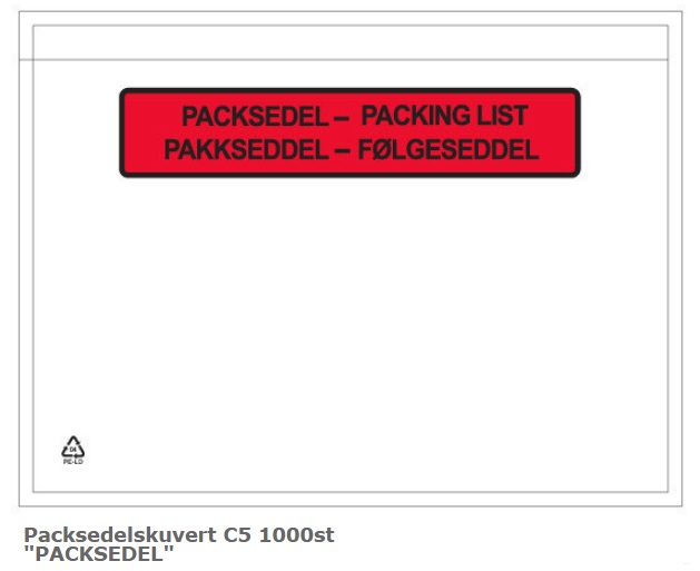 Packsedelsfickor C5 225x165 med tryck PACKSEDEL 1000st/fp