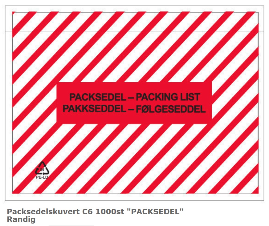 Packsedelsfickor C6 165x122mm med randigt tryck PACKSEDEL 1000st/fp