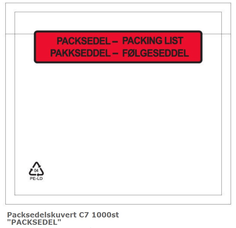 Packsedelsfickor C7 90x110mm med tryck PACKSEDEL 1000st/fp