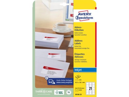 Etikett AVERY 63,5x38,1mm QD 525st/fp