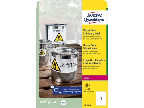 Etikett AVERY 210x297mm Slitstark 20st/fp