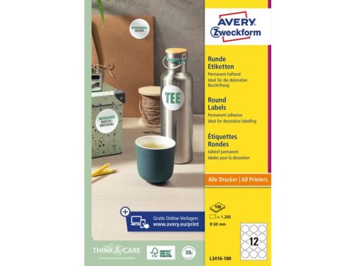 Etikett AVERY 60mm Rund 1200st/fp