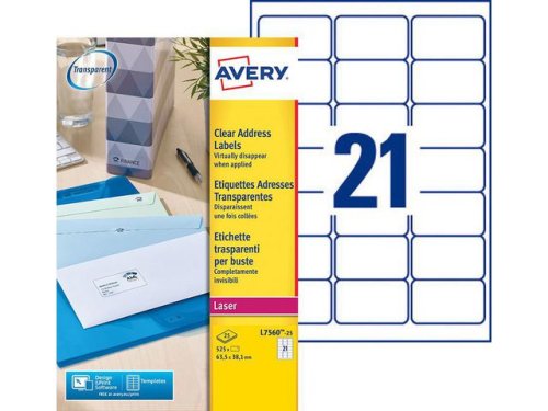 Etikett AVERY 63,5x38,1mm transparent 525st/fp