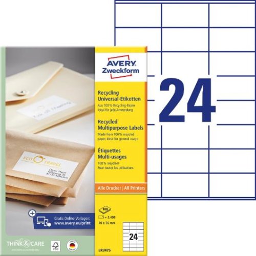 Etikett AVERY 70x36mm 100% �tervunnen 2400st/fp