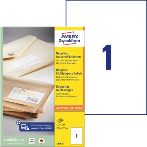 Etikett AVERY 210x297mm 100% �tervunnen 100st/fp