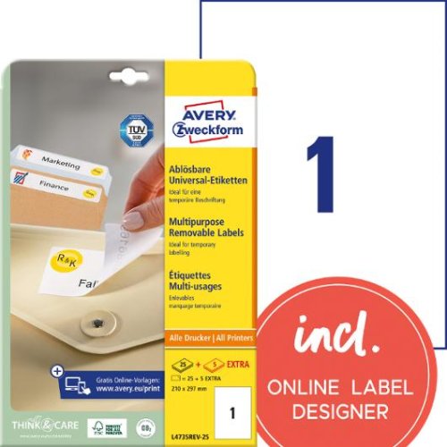 Etikett AVERY 210x297mm Avtagbar 30st/fp