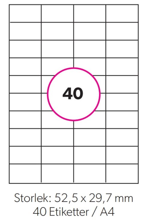 Etikett 52,5x29,7mm, 100ark/4000st etiketter/fp